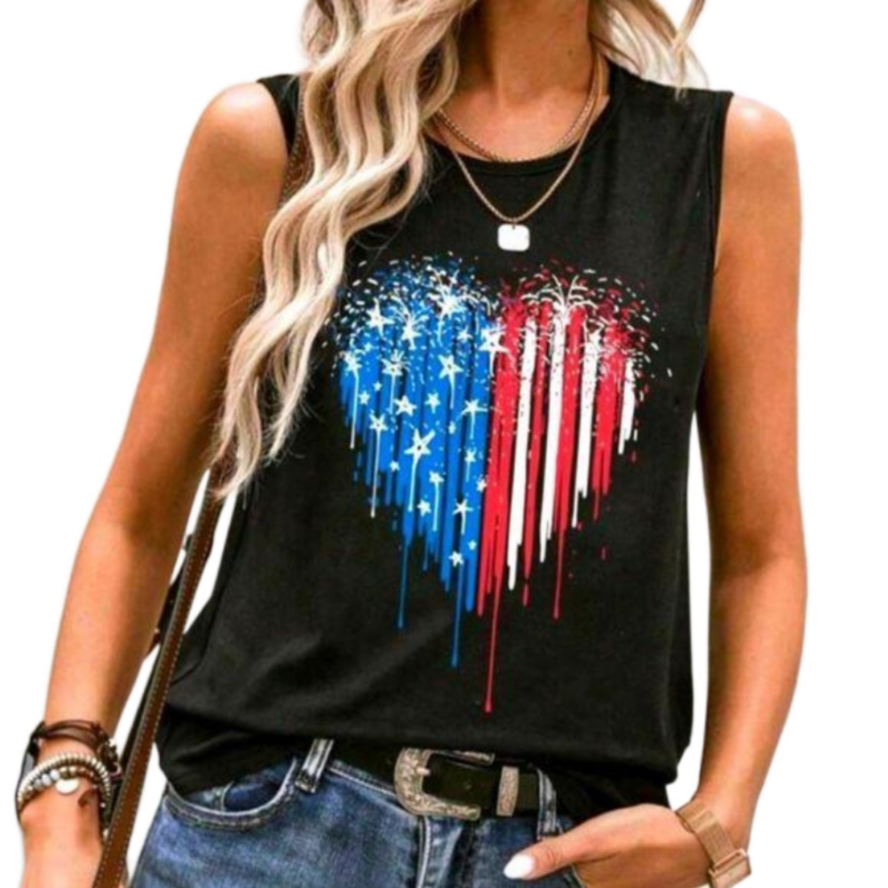 Ladies Black Festive Patriotic Heart Flag Tank sz xl